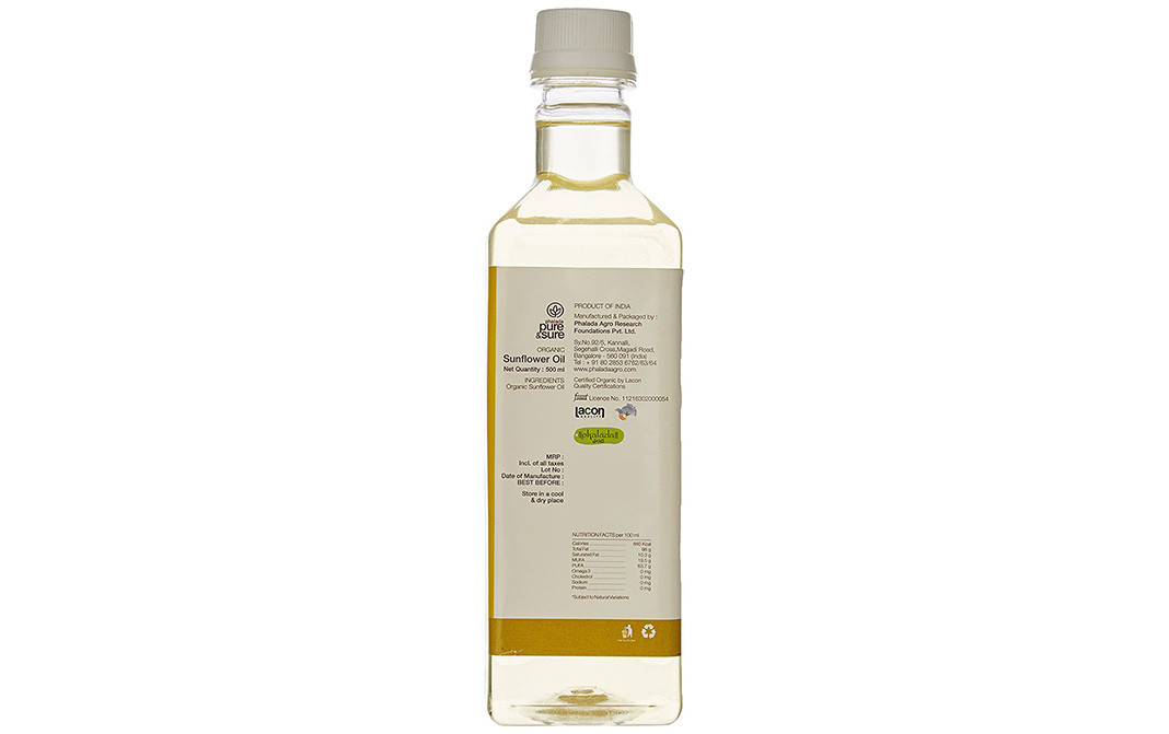 Pure & Sure Organic Sunflower Oil    Glass Bottle  500 millilitre